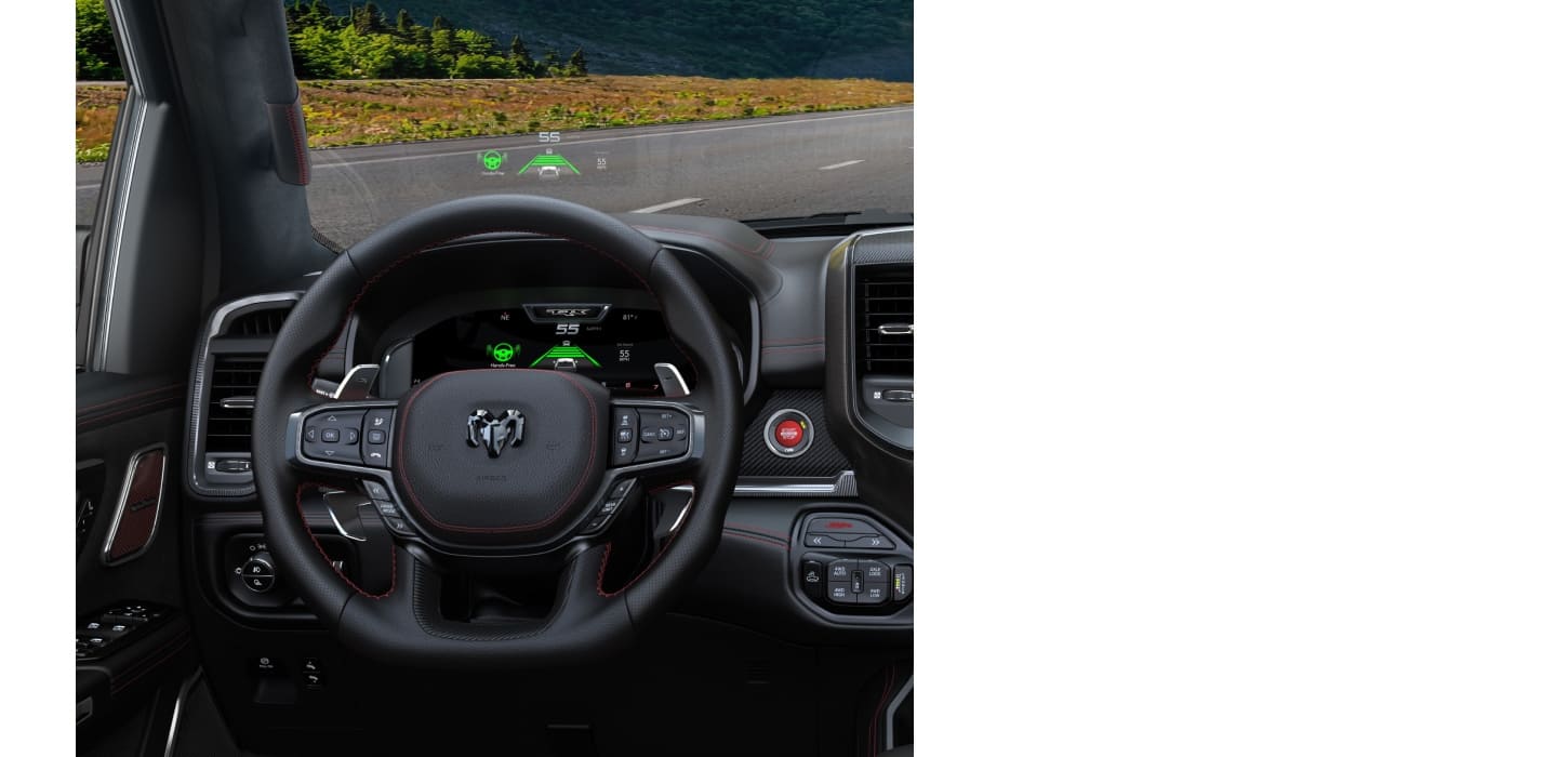 The 2026 Ram 1500 SRT TRX with its Head-Up Display in the windshield and Digital Cluster both displaying the same data: the vehicle's current speed and direction it is traveling, the current temperature and more.