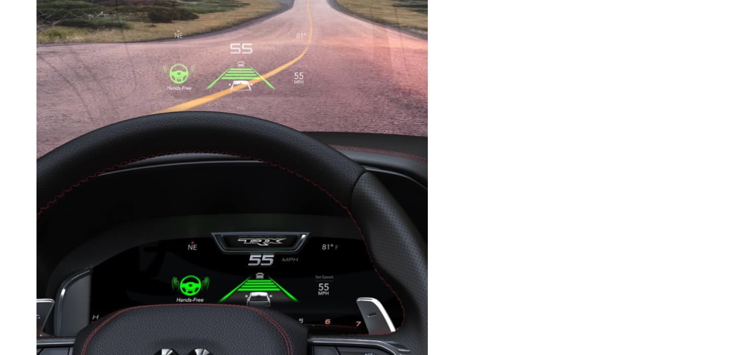 The 2026 Ram 1500 SRT TRX with its Head-Up Display in the windshield and Digital Cluster both displaying the same data: the vehicle's current speed and direction it is traveling, the current temperature and more.