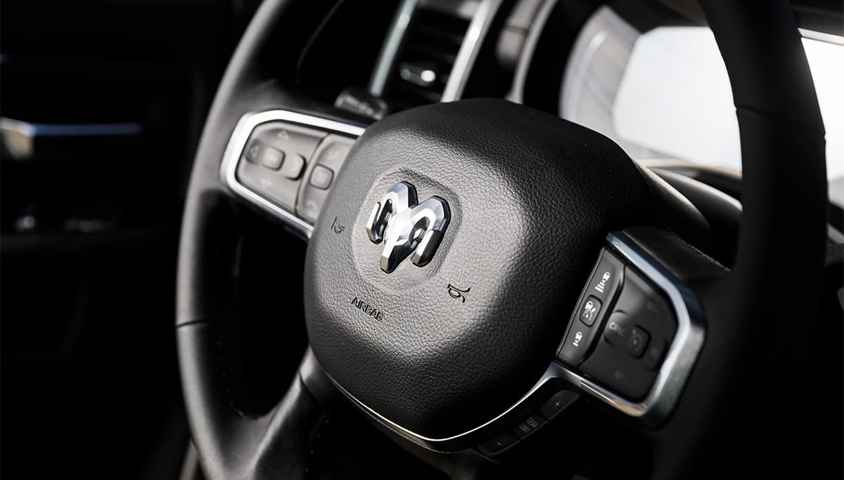 Display The steering wheel in a 2026 Ram 2500.