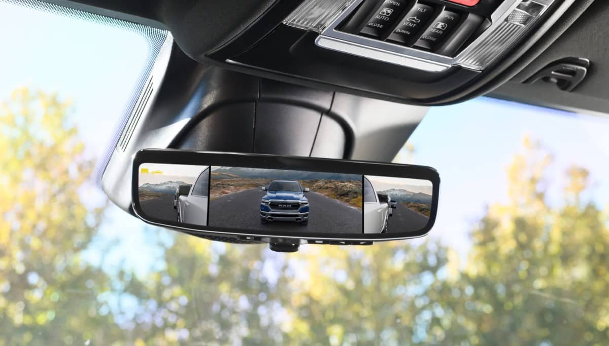 Display The Digital Rearview Mirror with Side Camera integration in the 2026 Ram 3500.