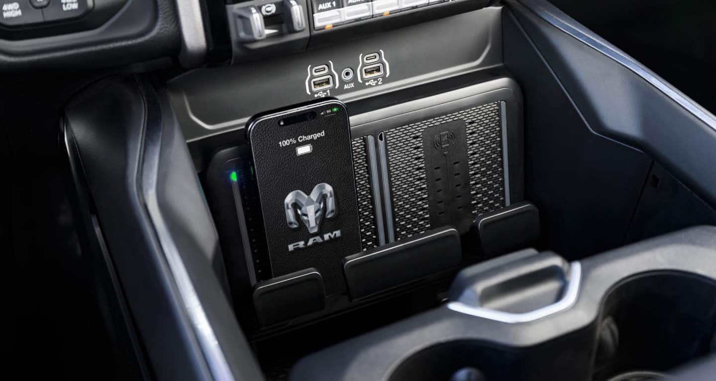 Display The dual ventilated wireless charging pads in the 2026 Ram Chassis Cab.