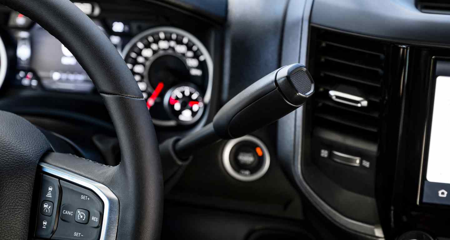 Display The steering column-mounted shifter on the 2026 Ram Chassis Cab.