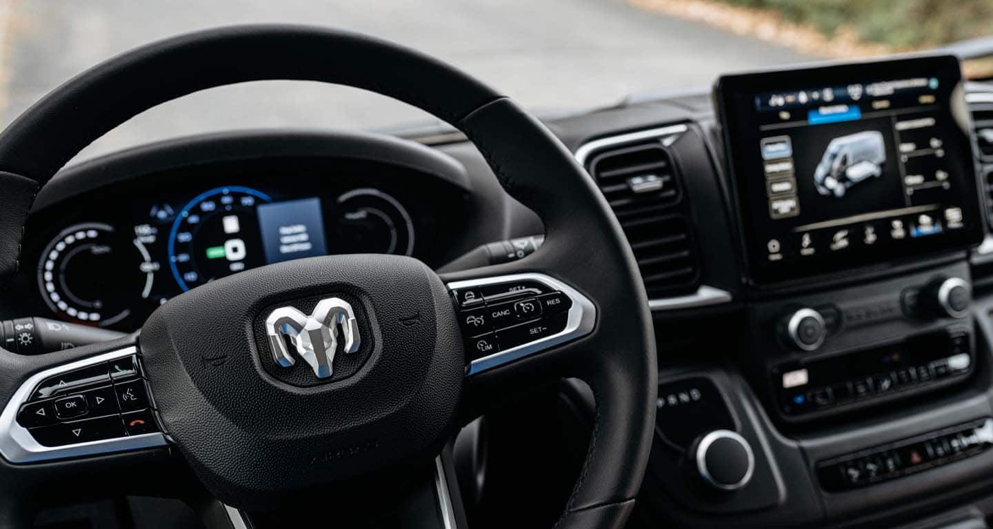 Display The steering wheel, Digital Cluster Display and Uconnect touchscreen in a 2026 Ram ProMaster EV 3500 Cargo Van.