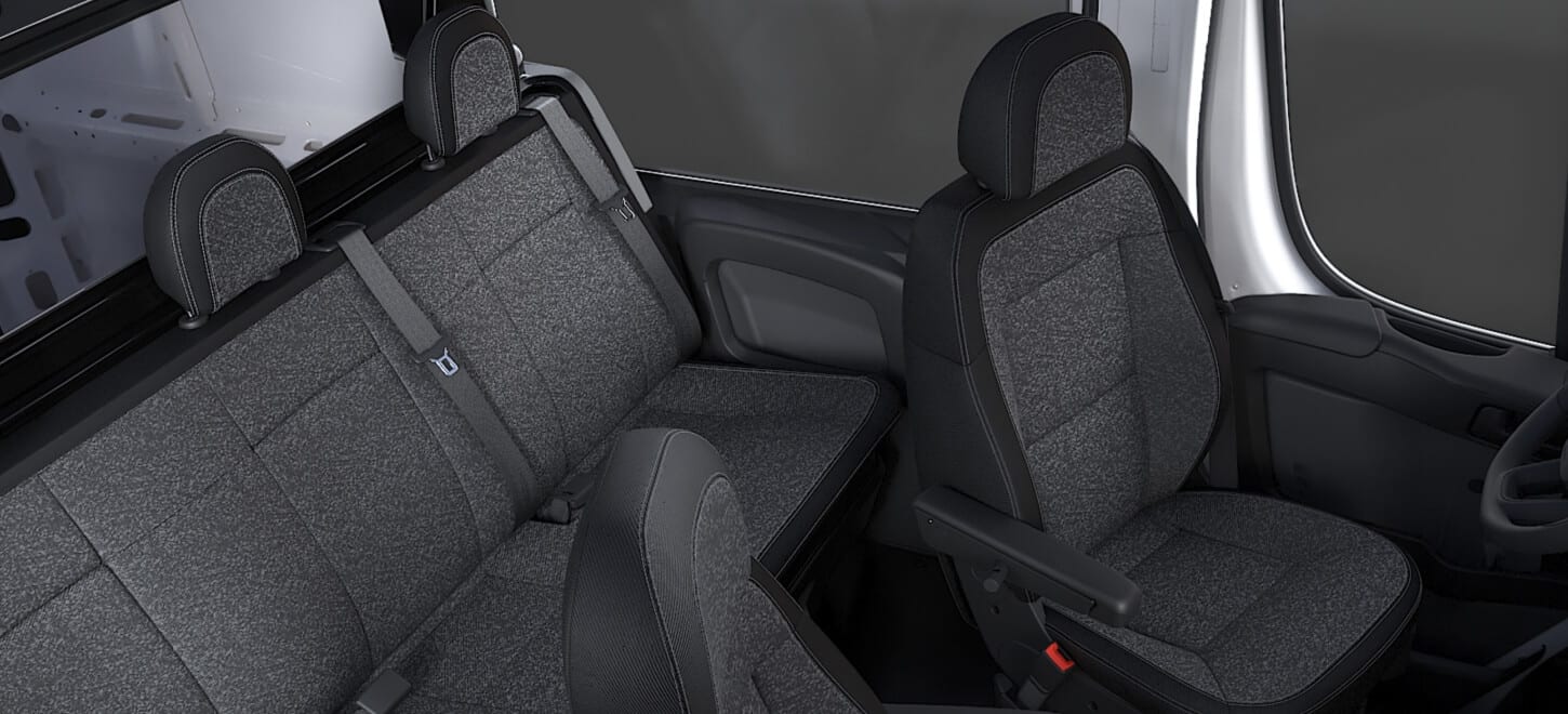Display A raised angle of the front swivel seats and the rear bench seat in the 2026 Ram ProMaster Crew Van Cargo Van High Roof.