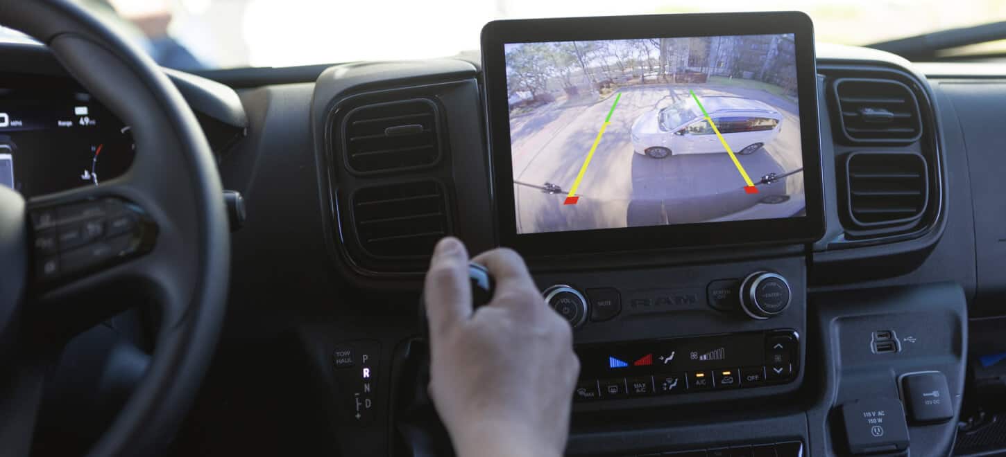 Display The Uconnect touchscreen in the 2026 Ram ProMaster displaying the output of the ParkView Rear Back Up Camera.