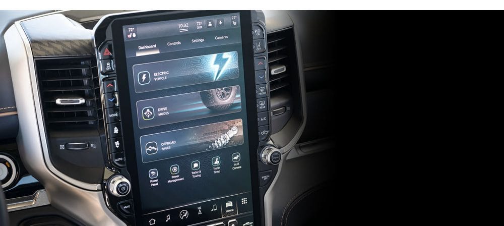 Ram 1500 REV touchscreen showing electric vehicle and drive mode menus