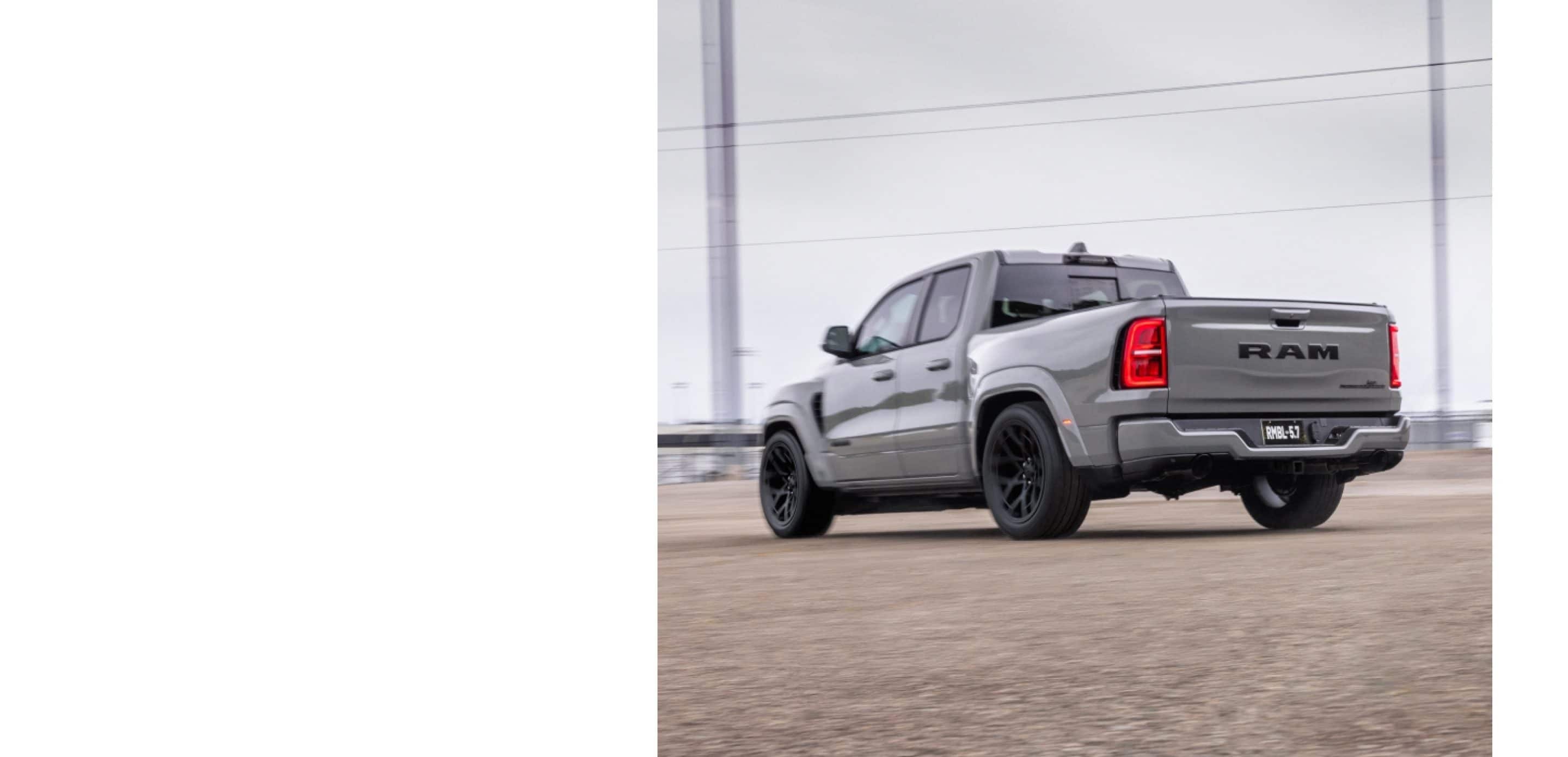 Grey RAM 1500 Rumble Bee, rear three-quarter view