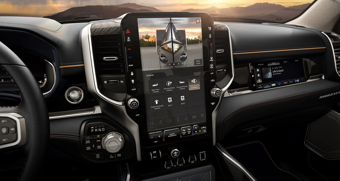 Uconnect touchscreen in a 2027 Ram 1500 Tungsten showing the Trailer Reverse Guidance view