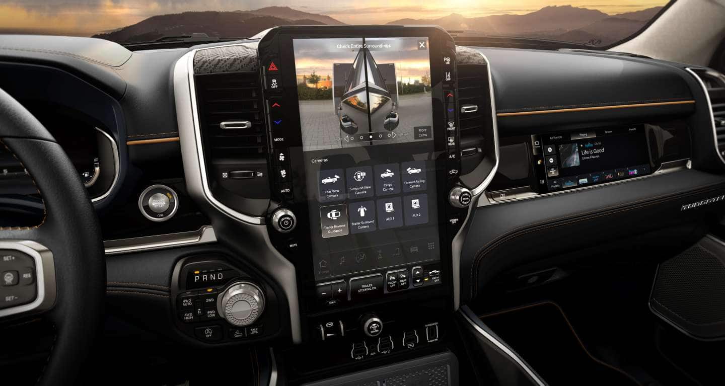 The Uconnect touchscreen in the 2027 Ram 1500 Tungsten 4x4 Crew Cab