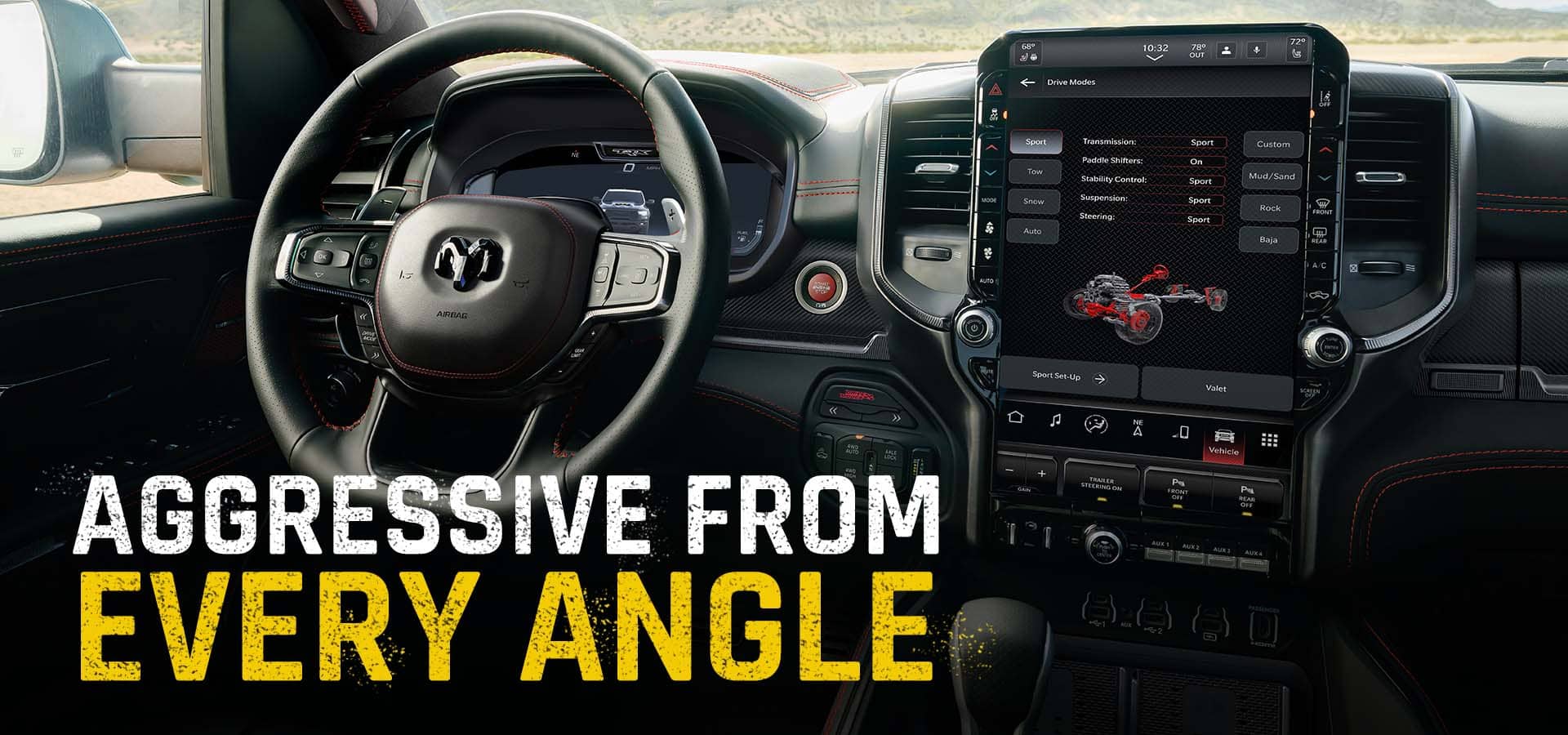 The steering wheel, Digital Cluster Display, Uconnect touchscreen and center stack controls in the 2027 Ram 1500 TRX SRT. Aggressive From Every Angle.