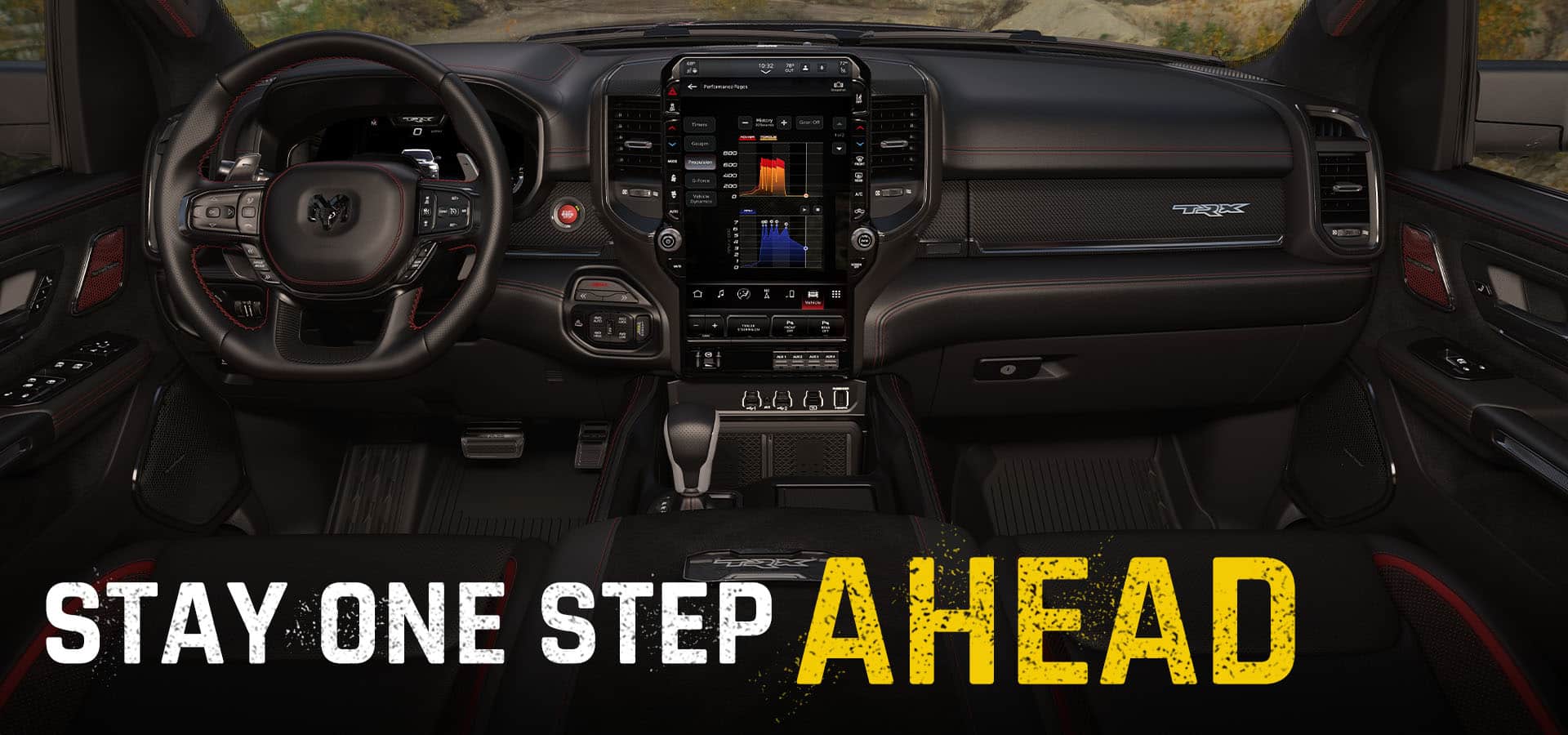 The steering wheel, Digital Cluster Display, Uconnect touchscreen, center stack controls and center console in the 2027 Ram 1500 TRX SRT. Stay One Step Ahead.