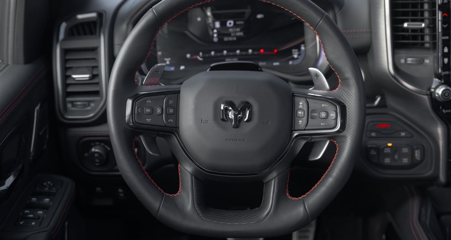 Display The steering wheel in the 2027 Ram 1500 TRX SRT.