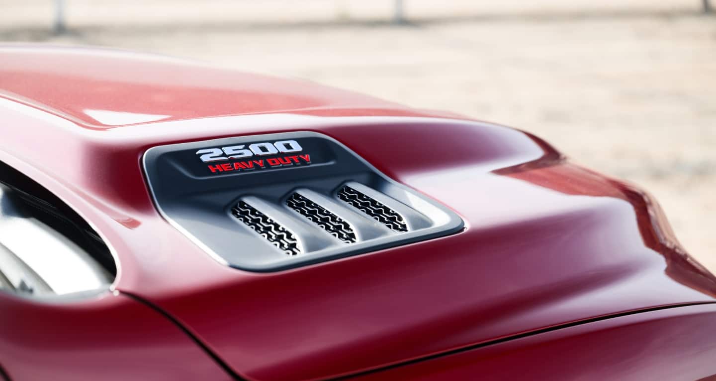 Close-up of the 2027 Ram 2500 hood scoop with '2500 Heavy Duty' badging