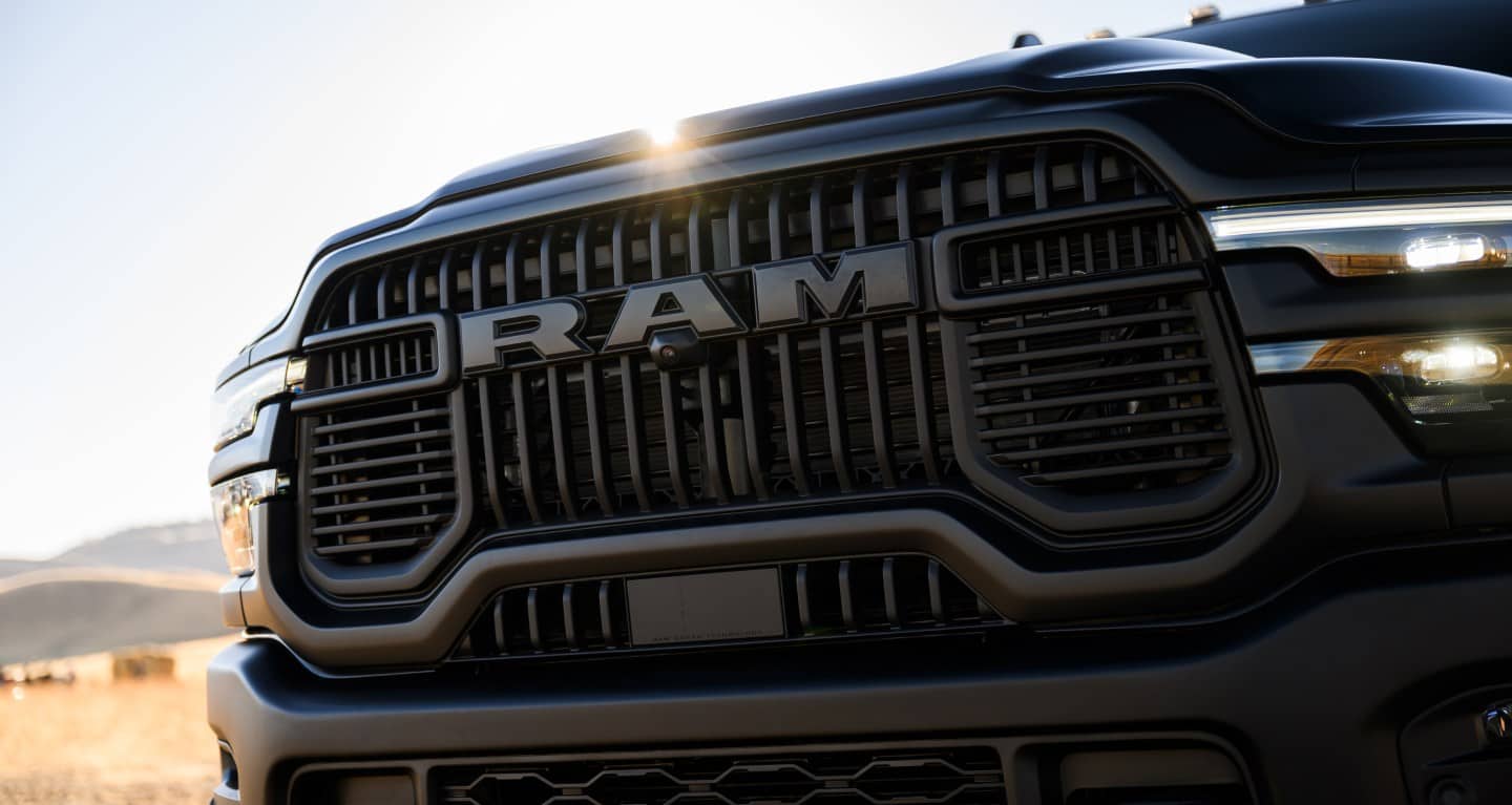 A close-up of the 2027 Ram 2500 front grille with RAM lettering