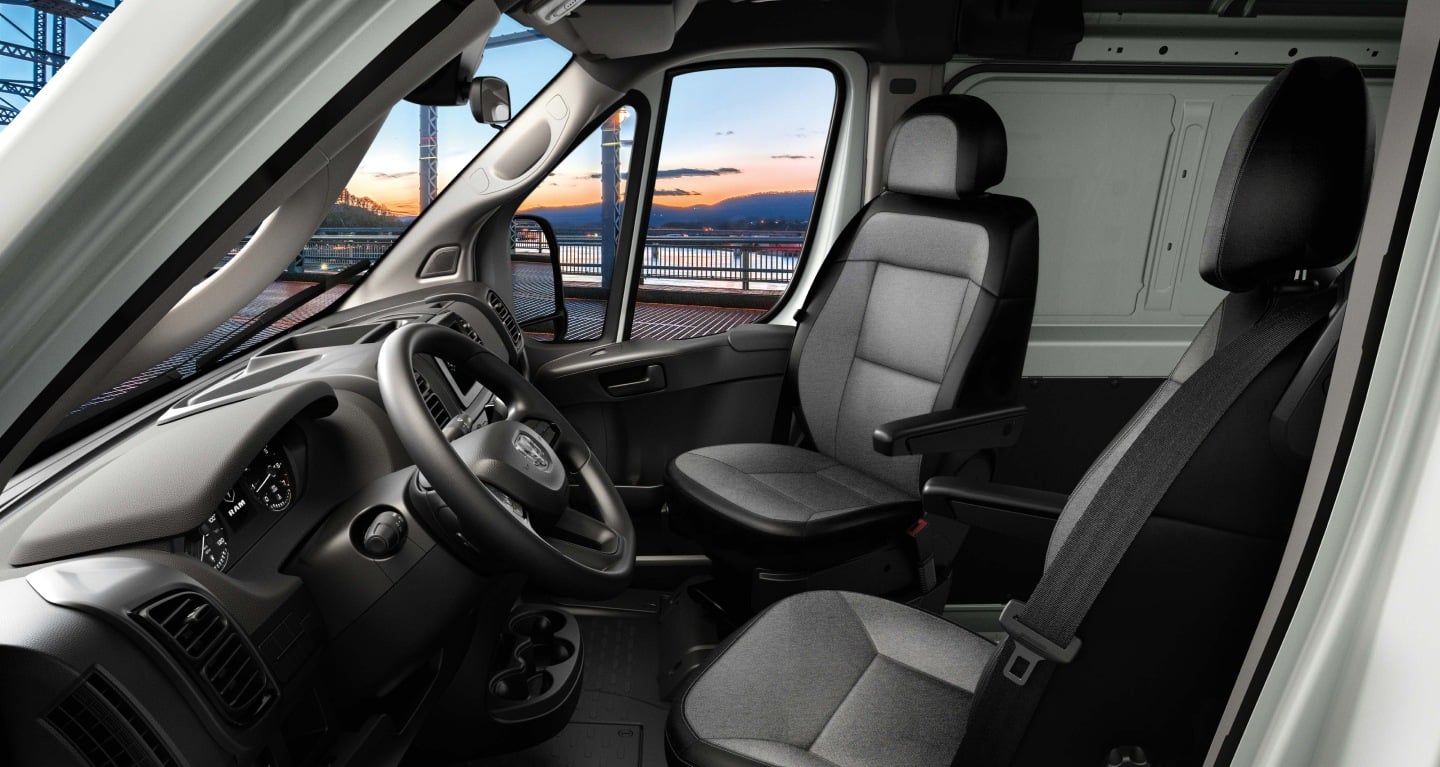 Display The front swivel bucket seats in the 2027 Ram ProMaster Cargo Van.