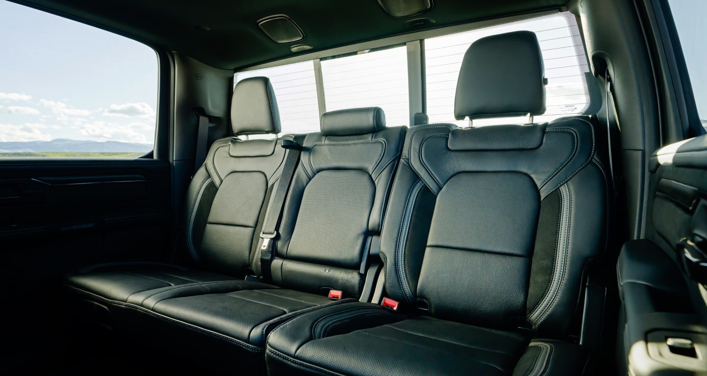 Display The three-passenger rear seat in the 2027 Ram 1500 RHO 4x4 Crew Cab.