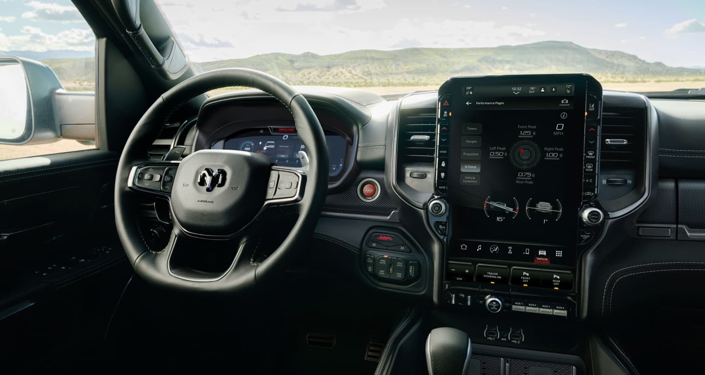 Display The steering wheel, Digital Cluster Display, Uconnect touchscreen and center stack controls in the 2027 Ram 1500 RHO 4x4 Crew Cab.