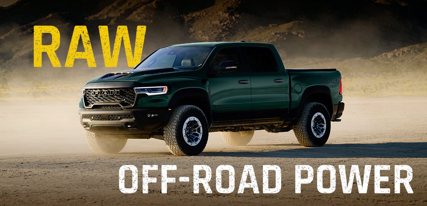 A green 2027 Ram 1500 RHO 4x4 Crew Cab in an angled profile. Raw Off-Road Power.