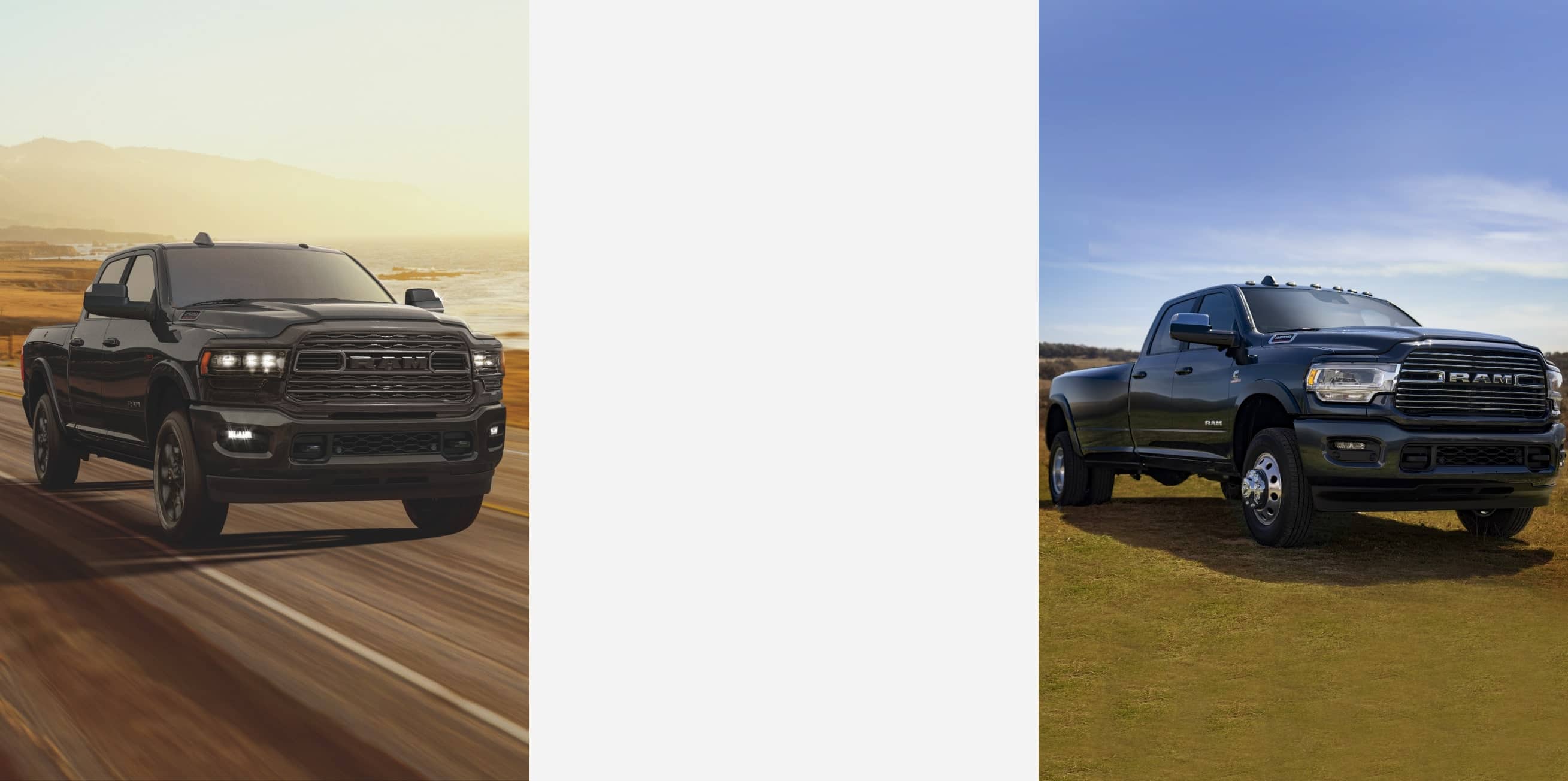 The 2021 Ram 2500 being driven on a road with the background blurred to indicate its speed. The 2021 Ram 3500 parked off-road in a grassy field.