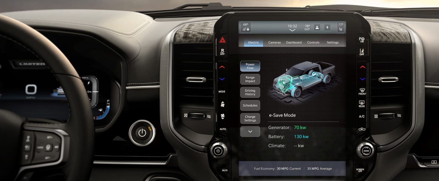 The Uconnect touchscreen in a 2027 Ram 1500 Rev Crew Cab displaying the Power Flow on the Electric Vehicle page and including selections for Range Impact, Driving History, Schedules and Charge Settings.