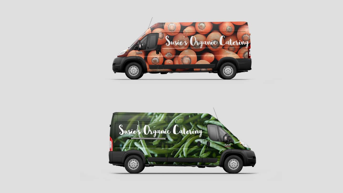 Display Two views of Ram ProMaster Cargo Van with custom graphics for a catering business.