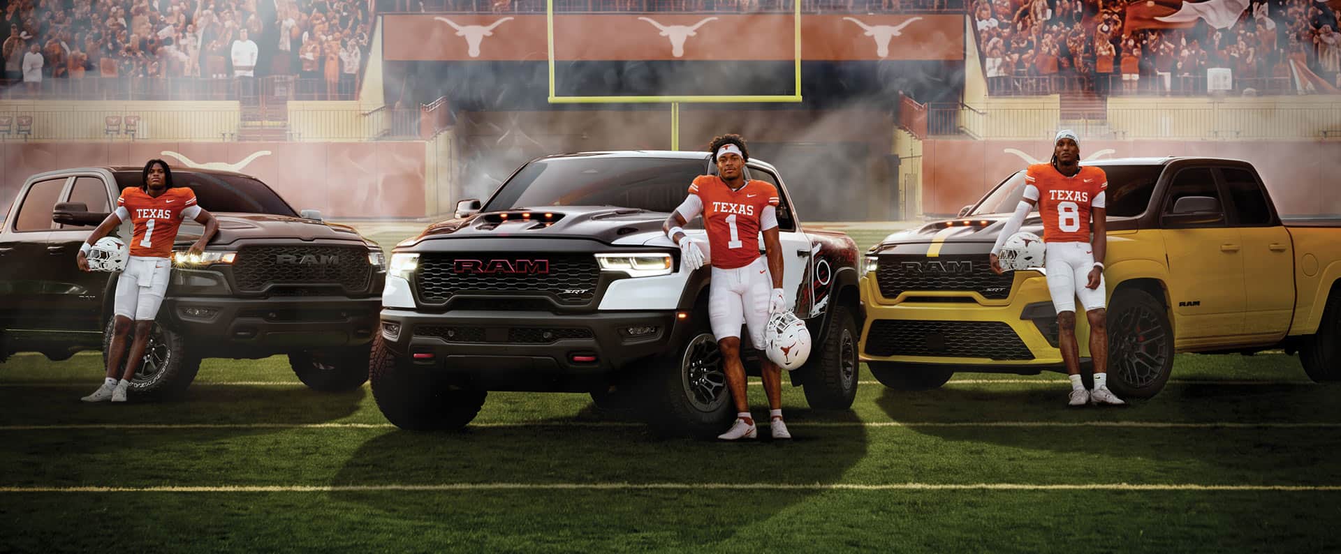 Three Texas Longhorn football players are each pictured standing on a football field in front of three different Ram 1500 Rebel, Ram 1500 TRX SRT and Ram 1500 Rumble Bee models. From left to right is a three-quarter view of a Ceramic Gray Ram 1500 Rebel, in the center is a front three-quarter shot of a Ram 1500 TRX SRT Bloodshot Night Edition and on the right is a three-quarter shot of Ram 1500 Rumble Bee SRT in Rumble Bee Yellow.