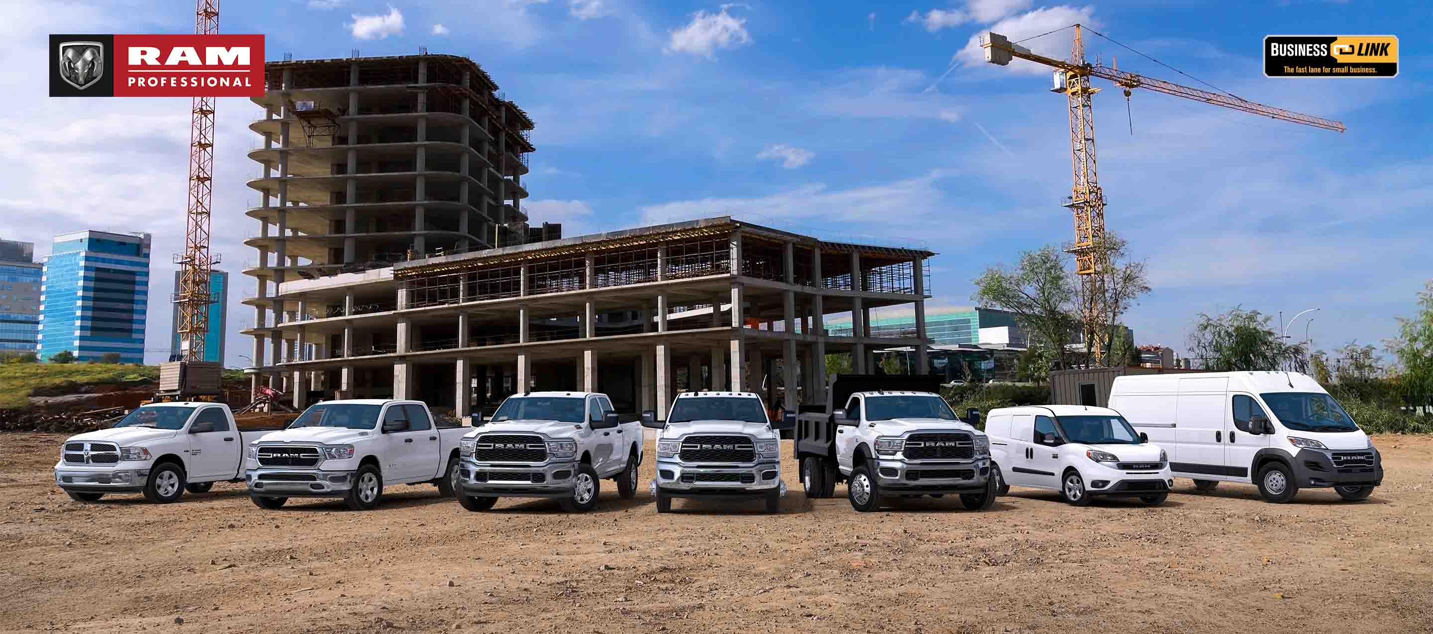 A Ram Brand lineup consisting of, from left to right: a 2023 Ram 1500 Classic Tradesman 4x4 Regular Cab, 2023 Ram 1500 Tradesman 4x4 Crew Cab, 2023 Ram 2500 Tradesman 4x4 Crew Cab, 2023 Ram 3500 Tradesman 4x4 Crew Cab, 2023 Ram 5500 SLT Chassis Cab 4x4 with dump body upfit, 2022 Ram ProMaster City Cargo Van and 2023 Ram ProMaster 3500 Cargo Van High Roof, all in white, parked side-by-side at a construction site. Ram Professional. Business Link: The fast lane for small business.