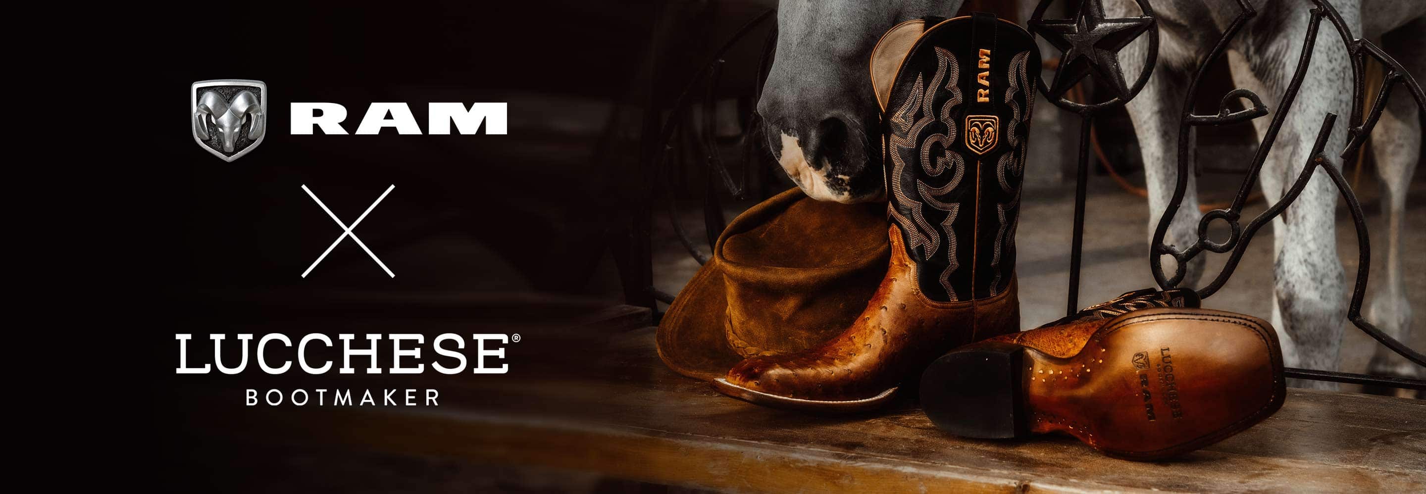 Ram's Head logo and Ram brand mark. Lucchese bootmaker logo. A pair of leather cowboy boots with Ram branding on the pulls and Ram and Lucchese branding on the soles.