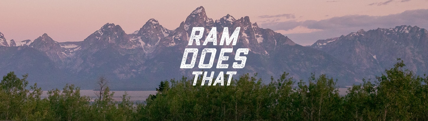 RAM Does That superimposed over background of Teton mountain range.