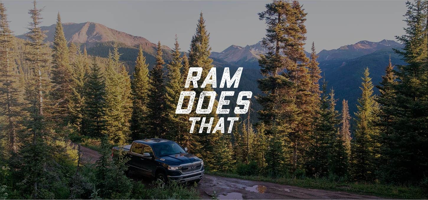 Ram Does That. A 2019 Ram 1500 being driven on a mountain road.