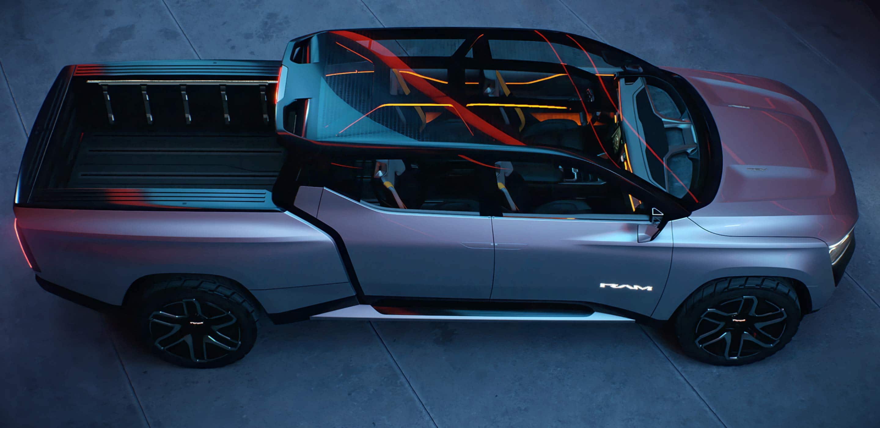 Display A raised angle of the Ram Revolution Concept highlighting the one-piece electro-chromatic glass roof.