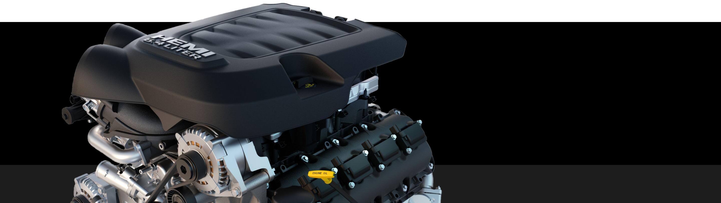 A close-up of the 6.4L HEMI V8 engine.