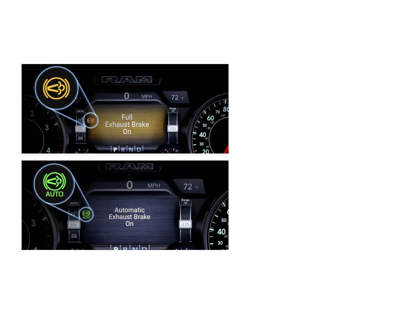 Two displays on the Digital Cluster in a 2027 Ram Heavy Duty pickup truck–one displaying "Full Exhaust Brake On" with the indicator lit in yellow; and the other displaying "Automatic Exhaust Brake On" with the indicator lit in green.